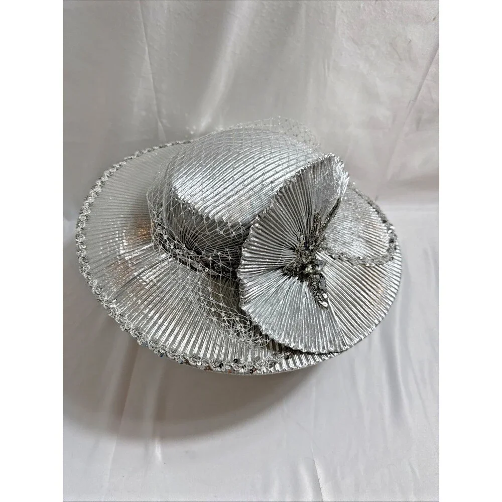 Women’s Silver Sequined Church Hat Wide Brim Size 7 1/2 Pleated Bow Fashion